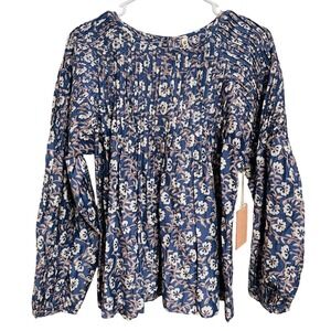 NWT MIRTH Kerala Blouse in Petunia Blue Floral Pleated Cotton Top Large $215